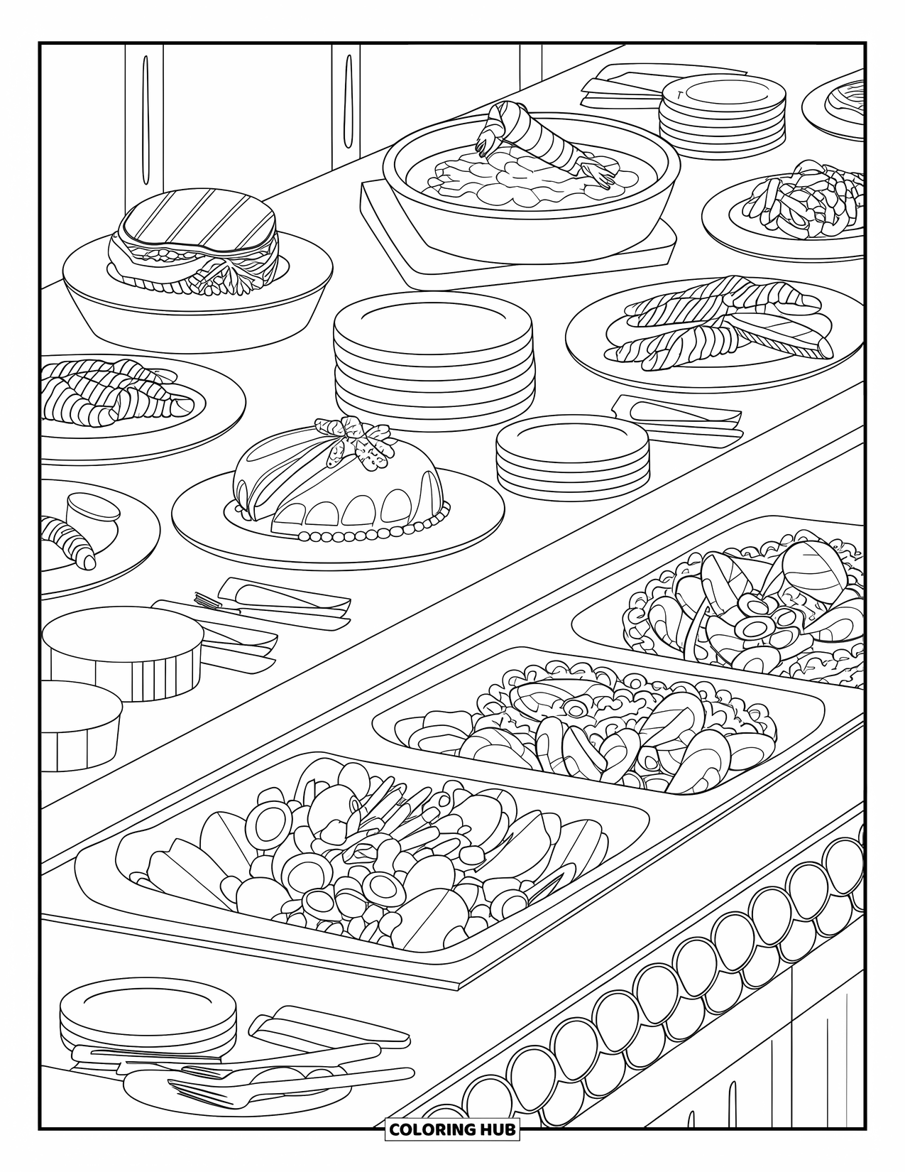 Restaurant Coloring Page for Kids: Buffet table with steak, shrimp, pasta, cake, and a full salad bar