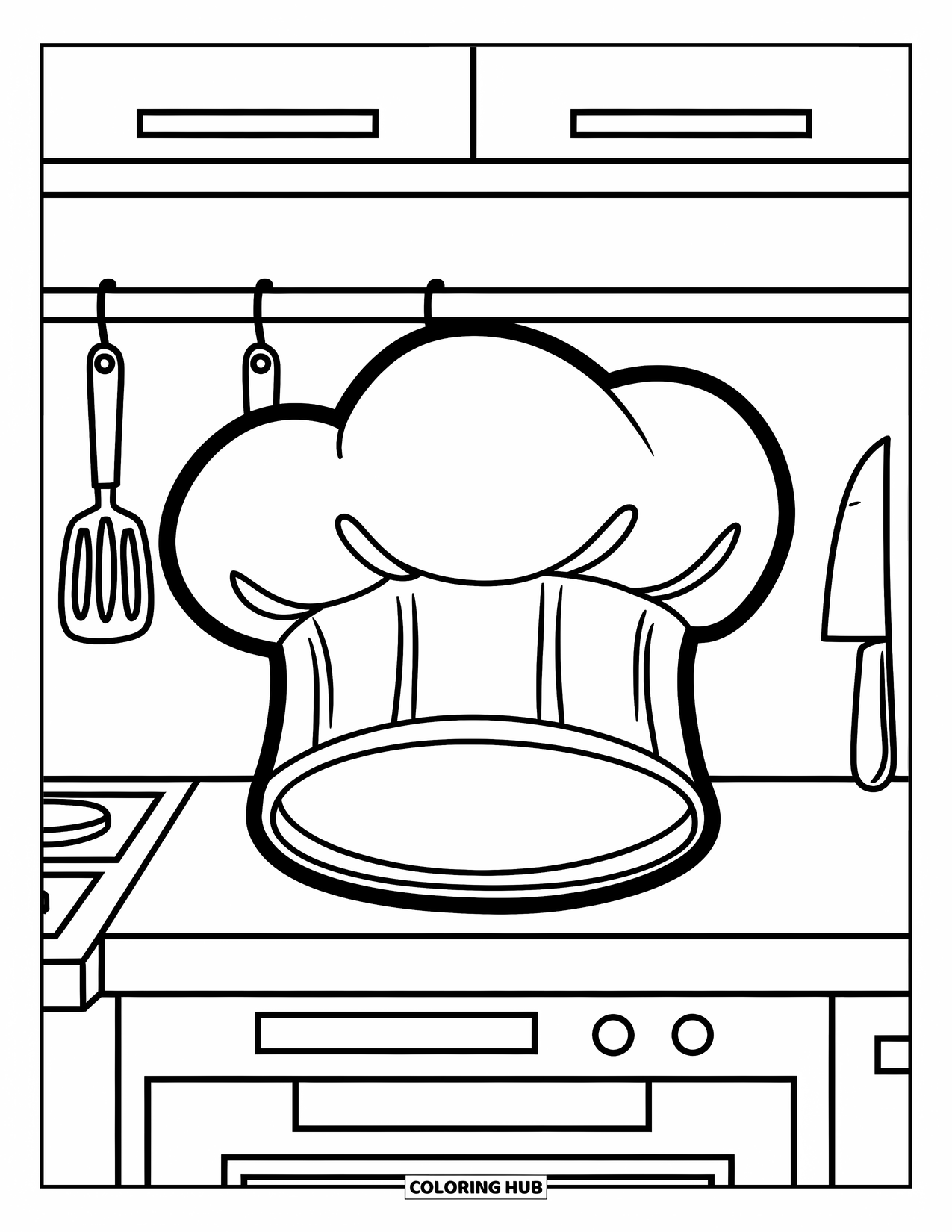 Restaurant Coloring Page for Kids: Cartoon chef hat rests near utensils on a busy kitchen counter