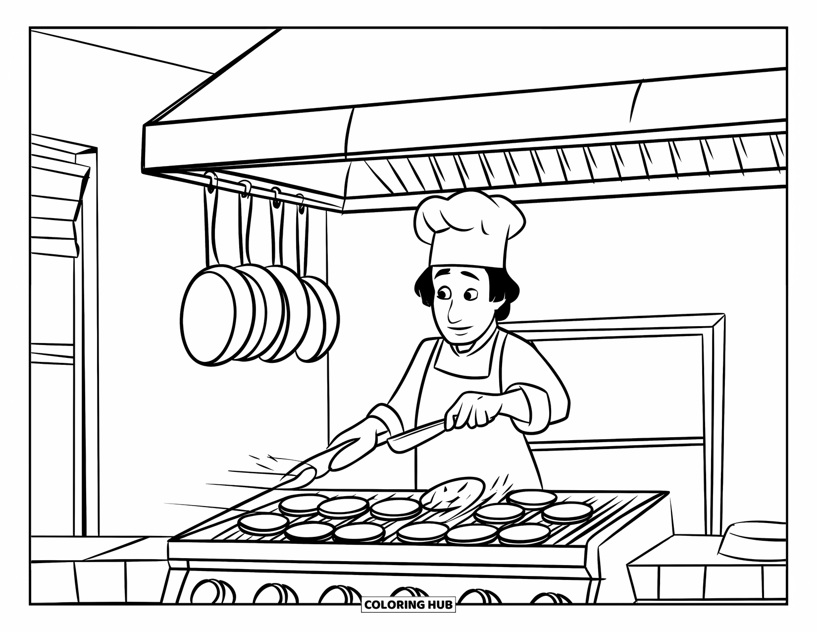 Restaurant Coloring Page for Kids: Chef flips sizzling burgers under a hood with pots and pans hanging above