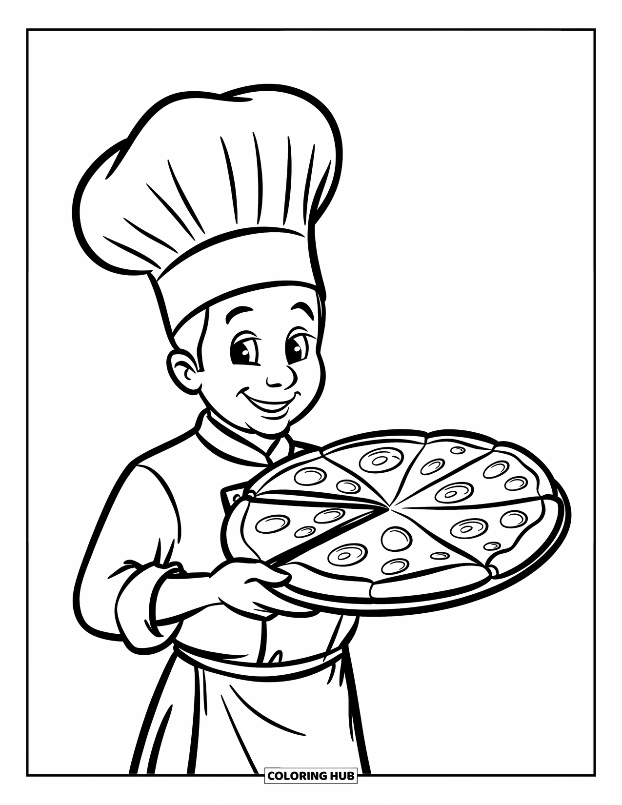Restaurant Coloring Page for Kids: Chef in tall hat holds a pizza with slices missing on a wooden tray