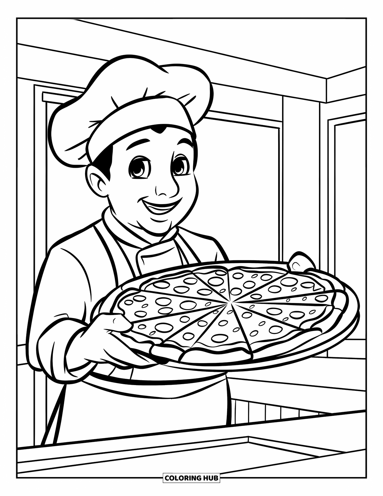 Restaurant Coloring Page for Kids: Chef proudly holds a pizza on a tray beside the kitchen counter