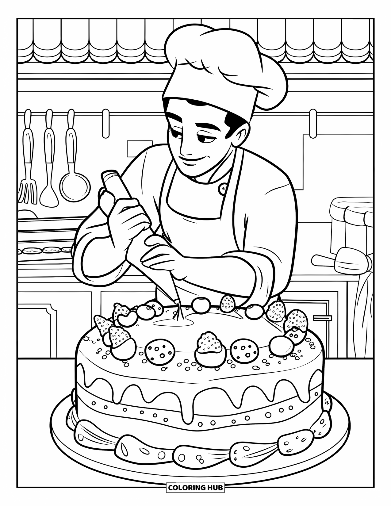 Restaurant Coloring Page for Kids: Chef uses a piping bag to decorate a layered cake with sprinkles and fruit