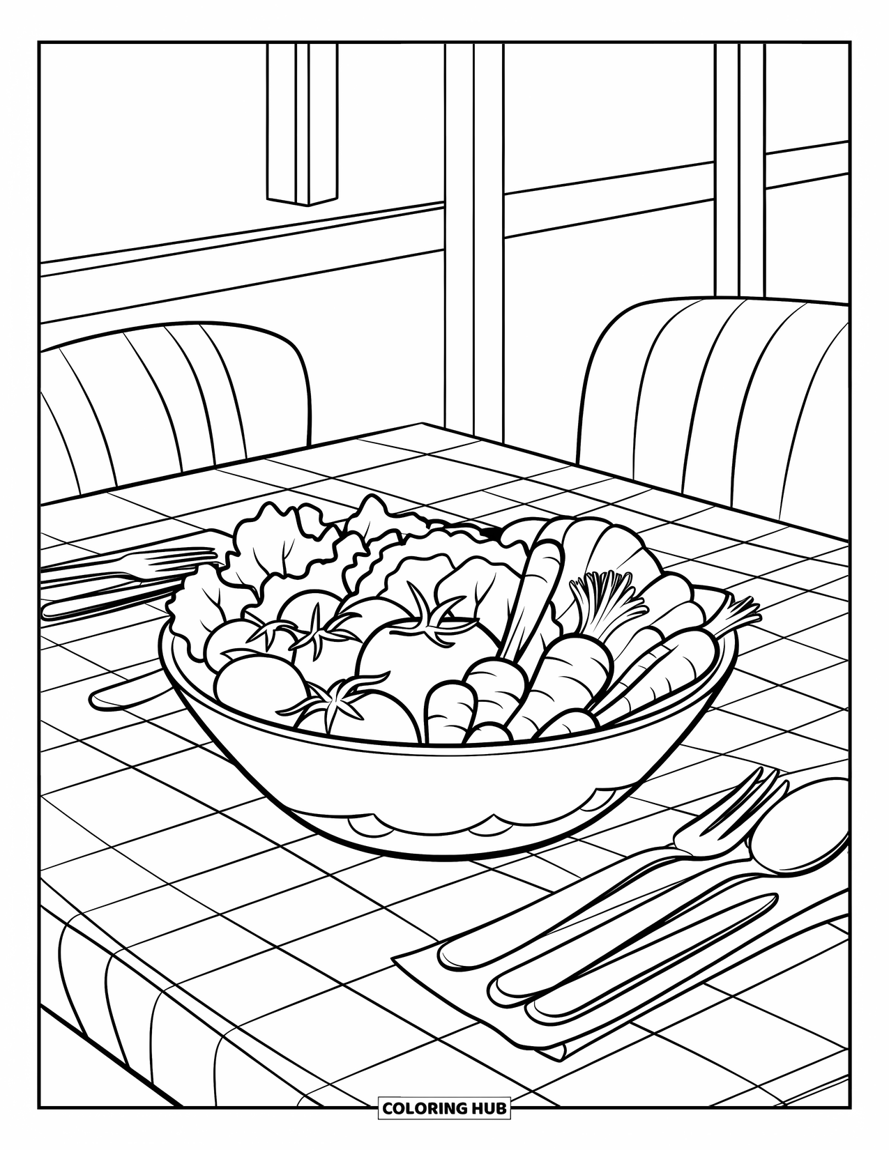 Restaurant Coloring Page for Kids: Detailed salad bowl with vegetables and utensils on a checkered diner table