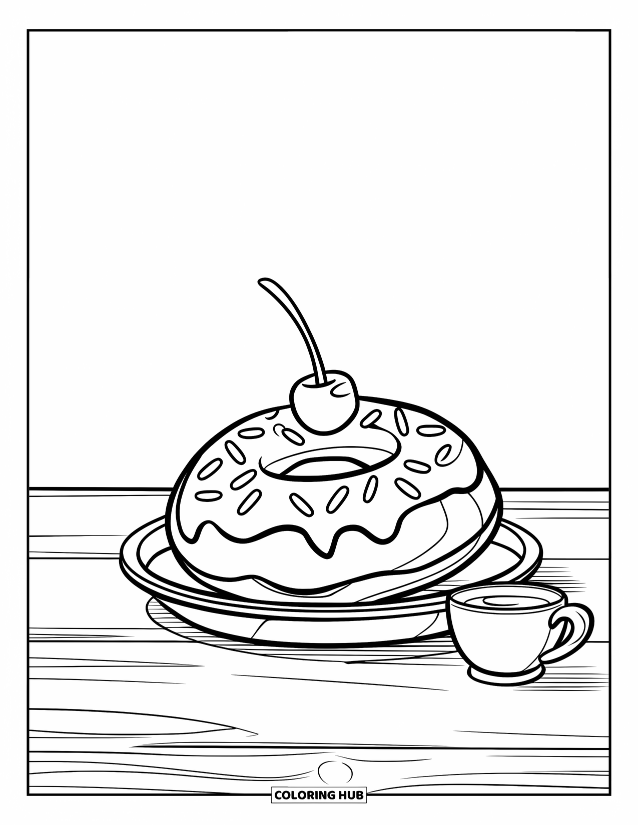 Restaurant Coloring Page for Kids: Donut with sprinkles and cherry rests on a dish next to a tiny cup