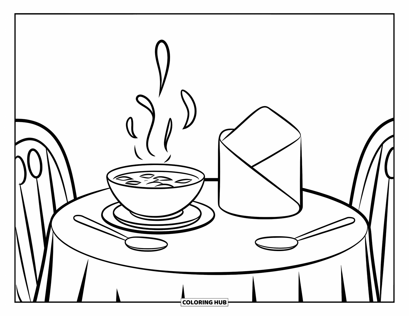 Restaurant Coloring Page for Kids: Hot soup with a napkin holder rests between two chairs at a table