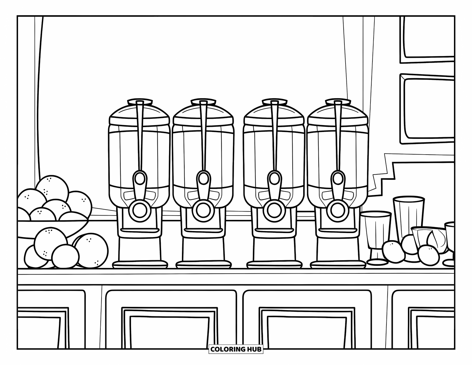 Restaurant Coloring Page for Kids: Juice counter with fruits, glasses, and a patterned background