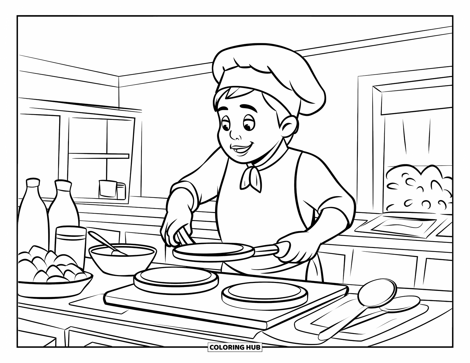 Restaurant Coloring Page for Kids: Pancake-flipping chef stands by a wooden counter filled with bowls and utensils