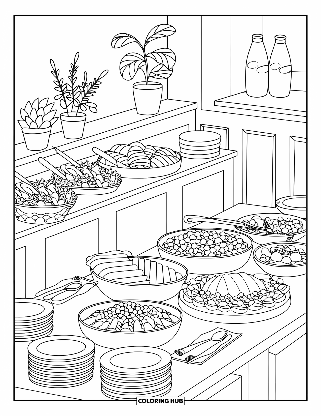 Restaurant Coloring Page for Kids: Roasted meats and salad bar fill a busy buffet with plates and dressings nearby