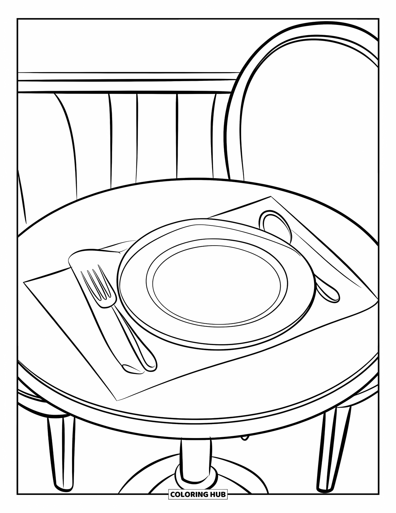 Restaurant Coloring Page for Kids: Round table set with plate, fork, and spoon stands alone