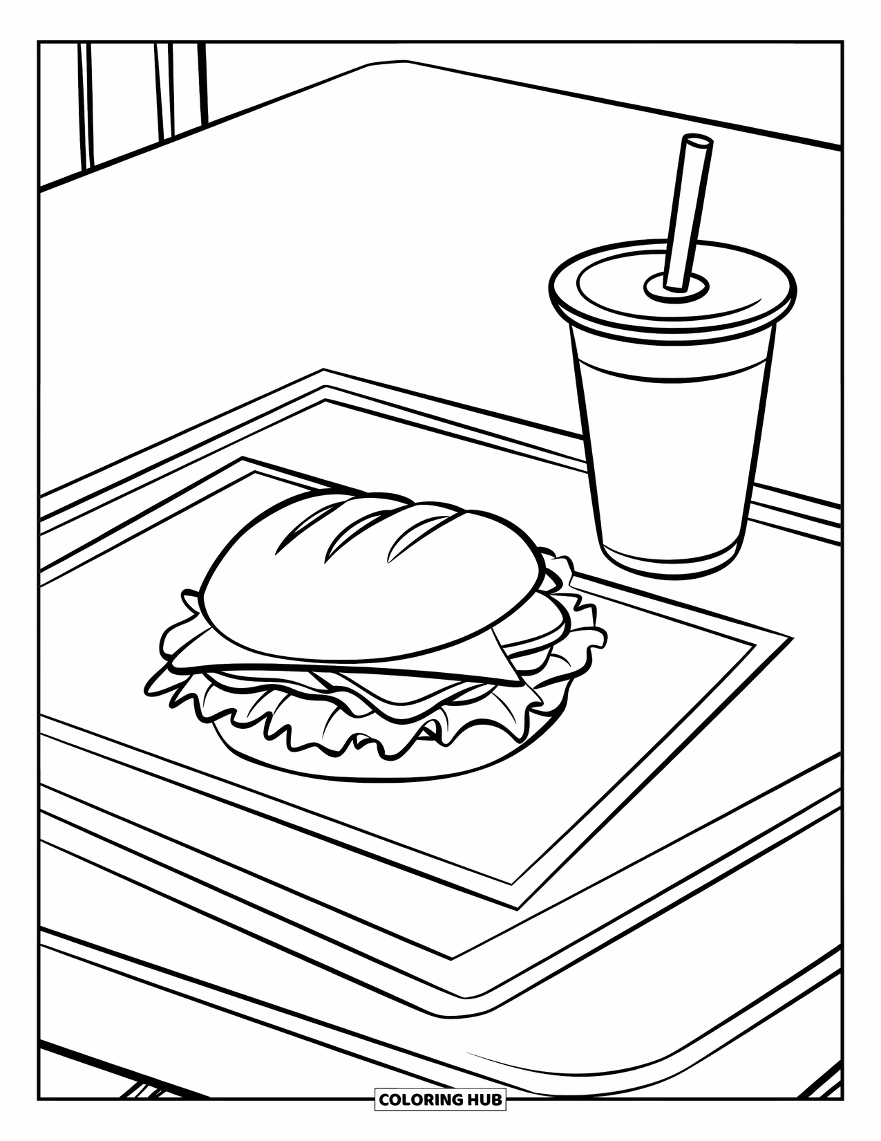 Restaurant Coloring Page for Kids: Sandwich and drink rest neatly on a tray in a quiet space
