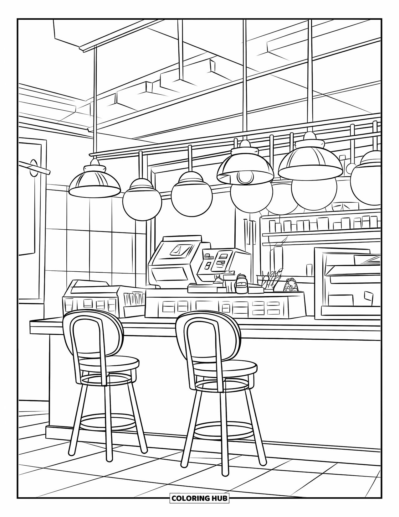 Restaurant Coloring Page for Kids: Sandwich shop counter with stools, cash register, and lamps hanging above