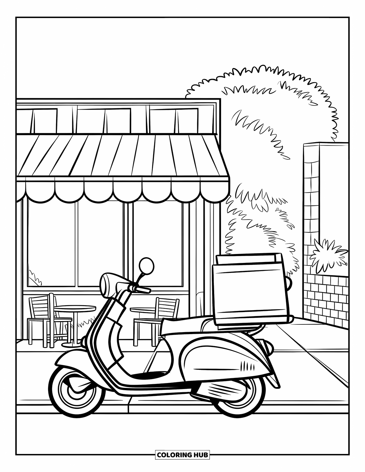 Restaurant Coloring Page for Kids: Scooter with basket is parked near a brick wall and striped awning outside a cafÈ