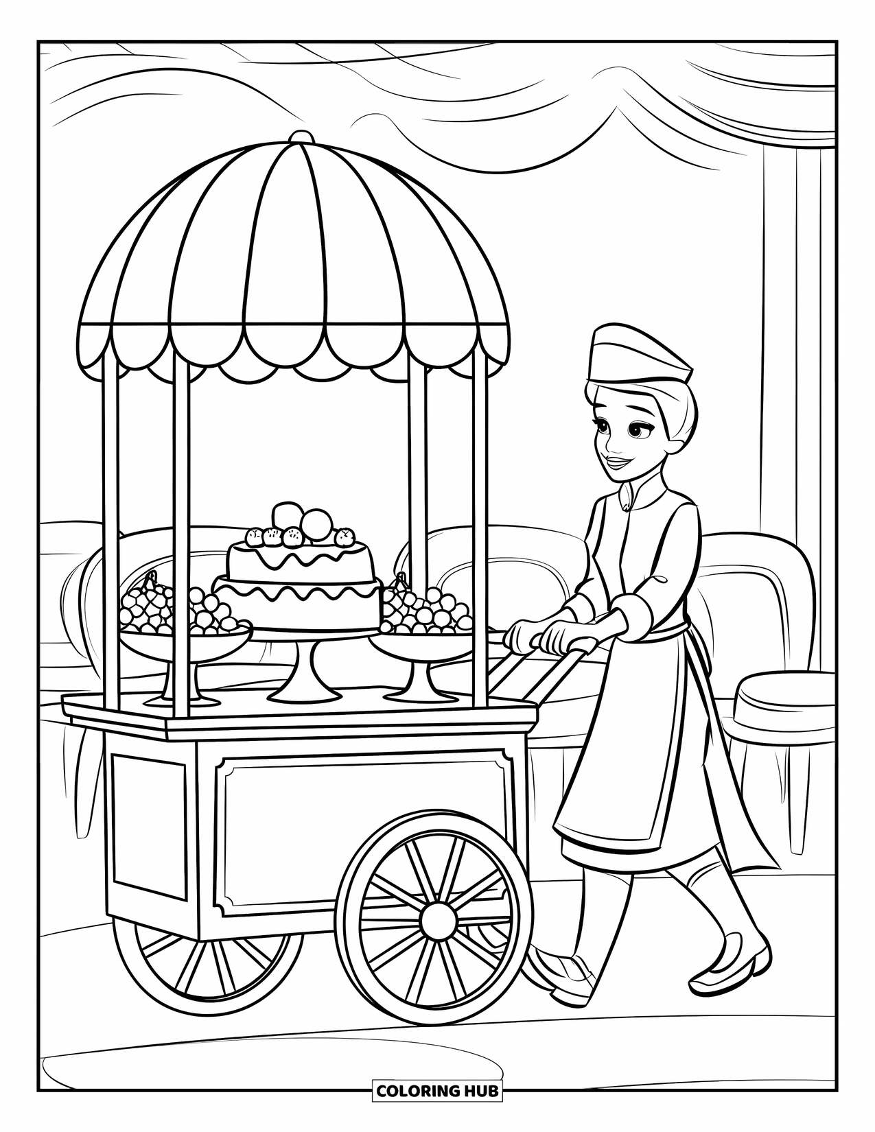 Restaurant Coloring Page for Kids: Server in uniform pushes a dessert cart with fruit and pastries near a table