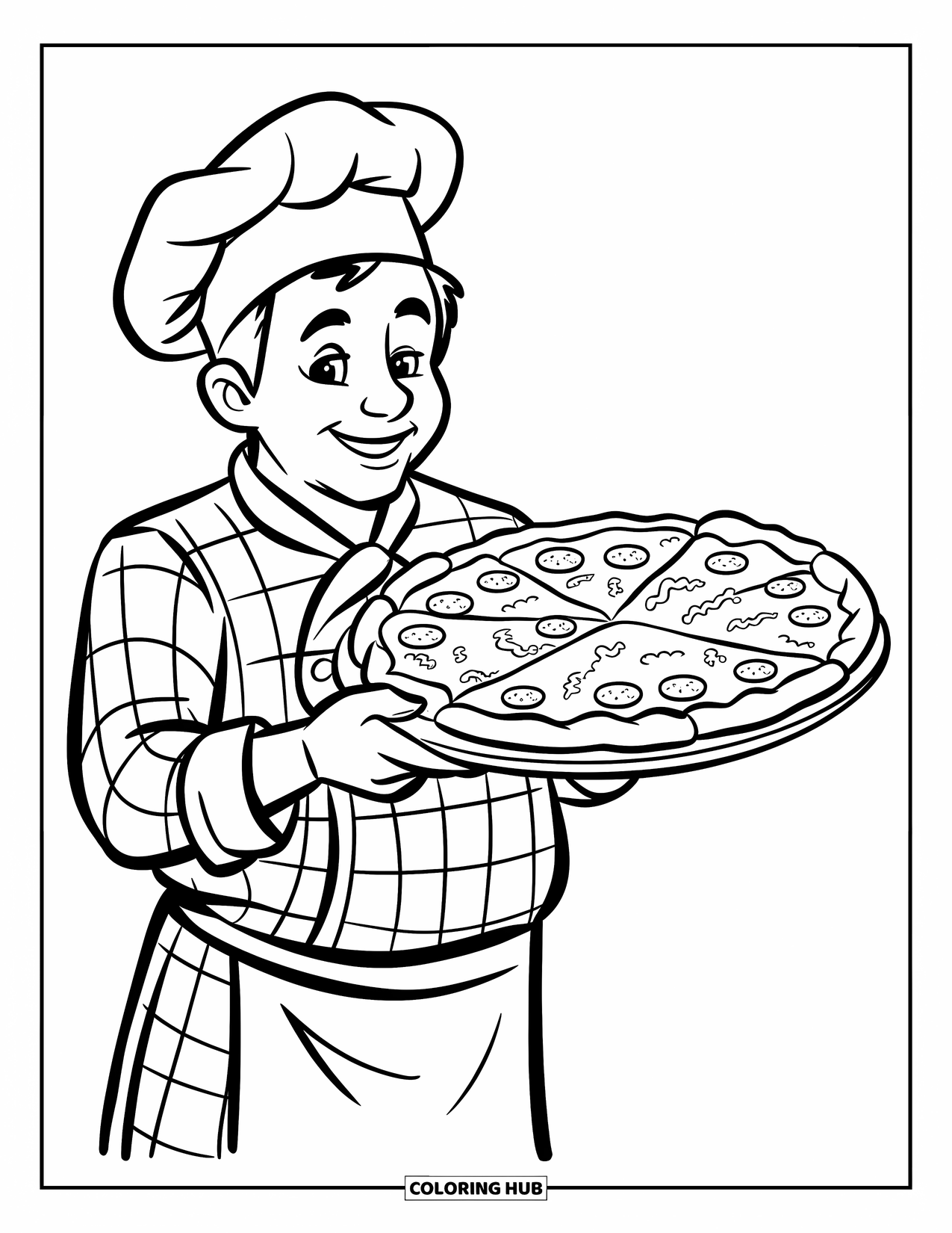 Restaurant Coloring Page for Kids: Smiling chef in checkered outfit holds a pepperoni pizza