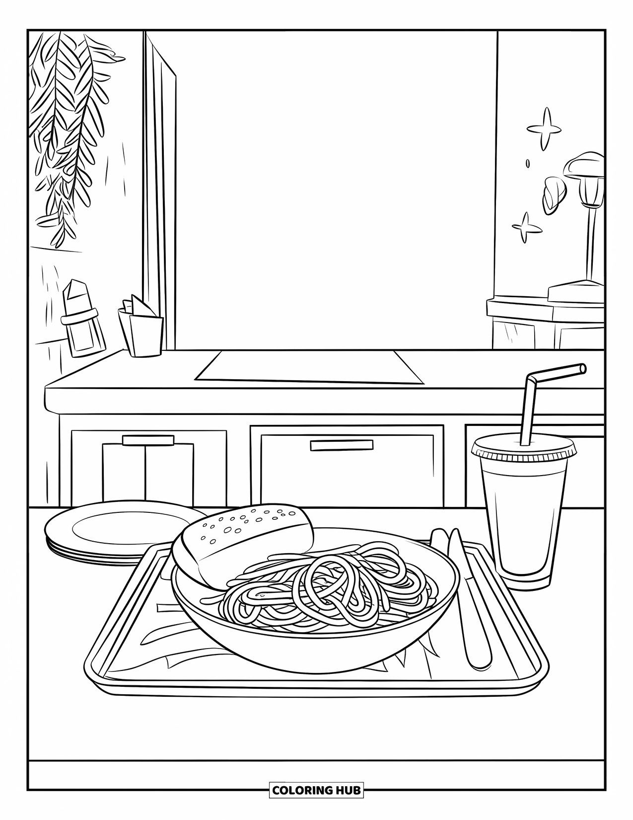 Restaurant Coloring Page for Kids: Spaghetti, garlic bread, and drink sit on a counter beside a plant and lamp