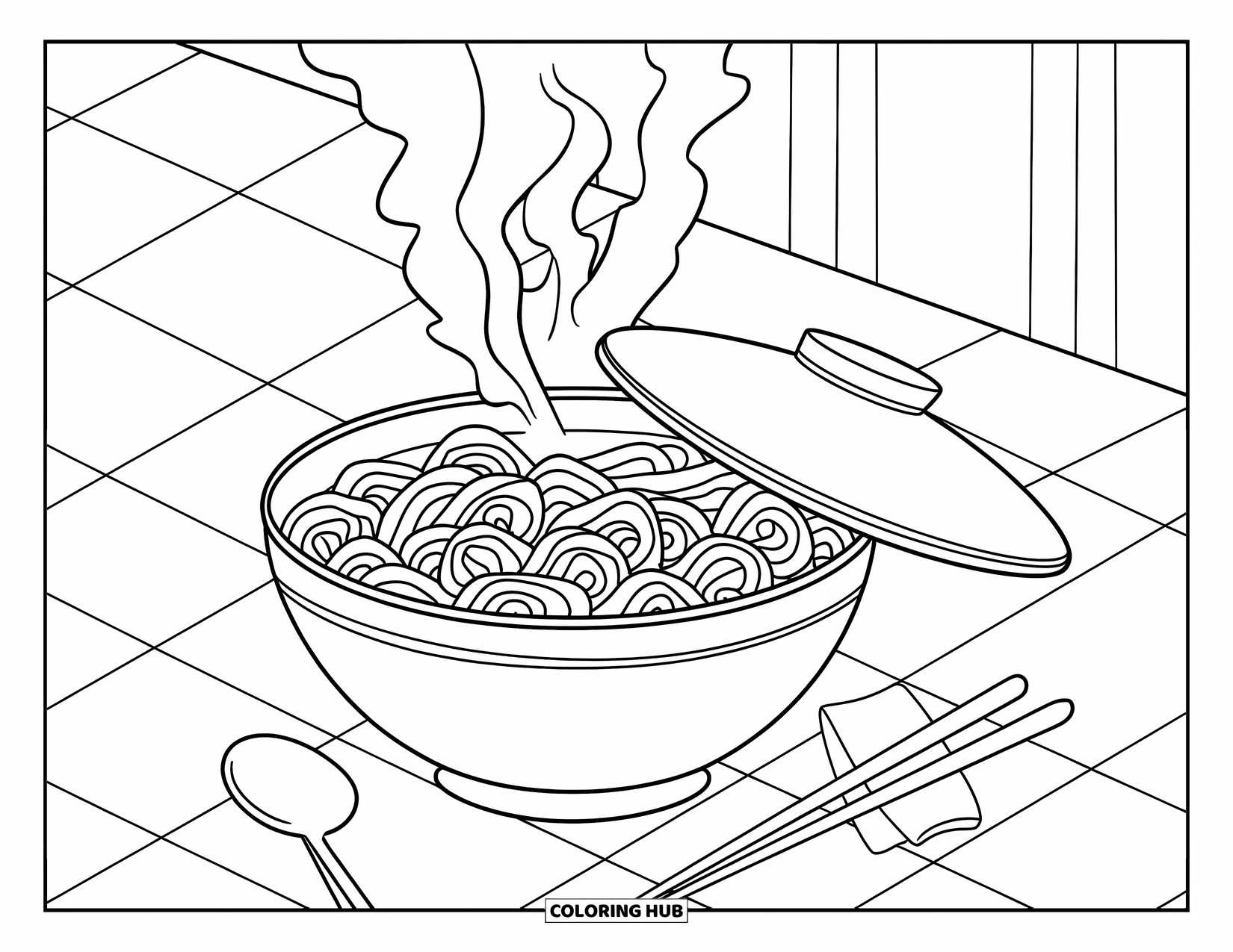 Restaurant Coloring Page for Kids: Steaming noodles sit in a bowl with chopsticks and spoon on a checkered table