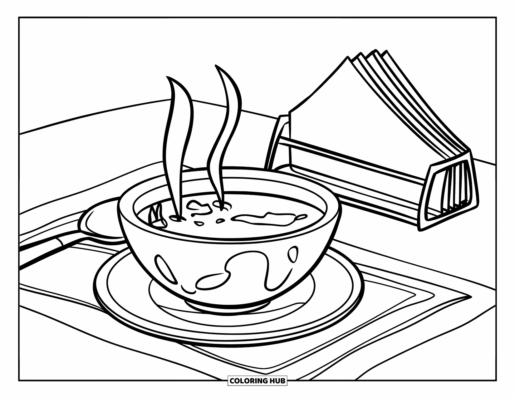 Restaurant Coloring Page for Kids: Steaming soup sits on a rug beside a spoon and napkin holder