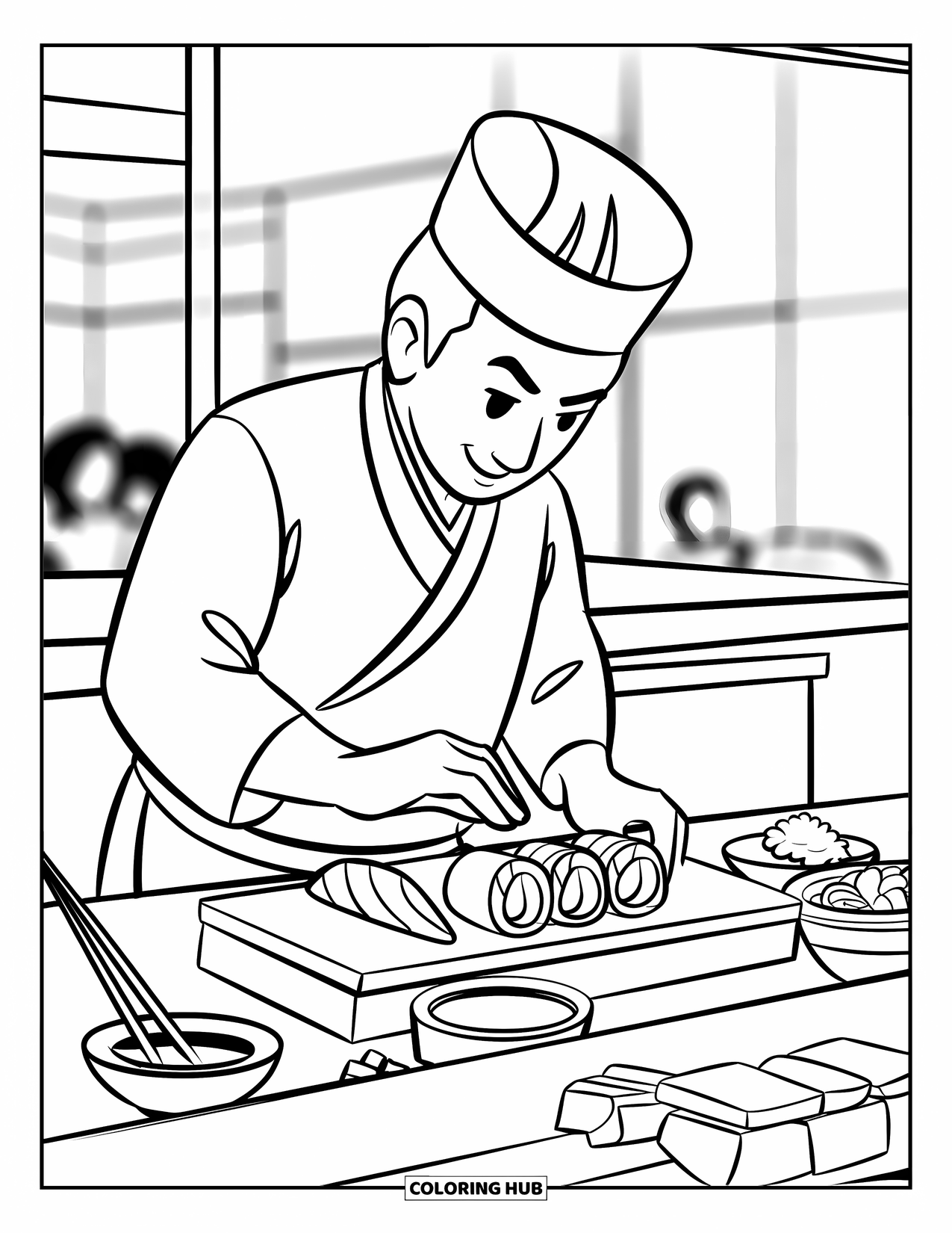 Restaurant Coloring Page for Kids: Sushi chef slices fresh ingredients with soy sauce and chopsticks nearby
