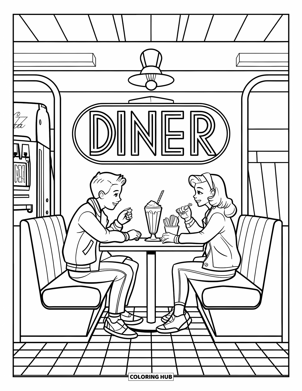 Restaurant Coloring Page for Kids: Teens share fries and a milkshake in a booth with a soda machine and sign