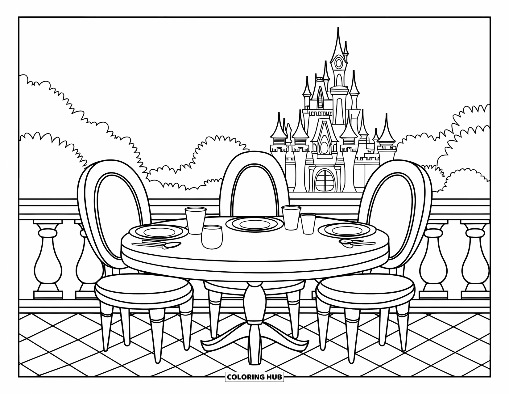 Restaurant Coloring Page for Kids: Three empty seats surround a set table with a castle view in the background
