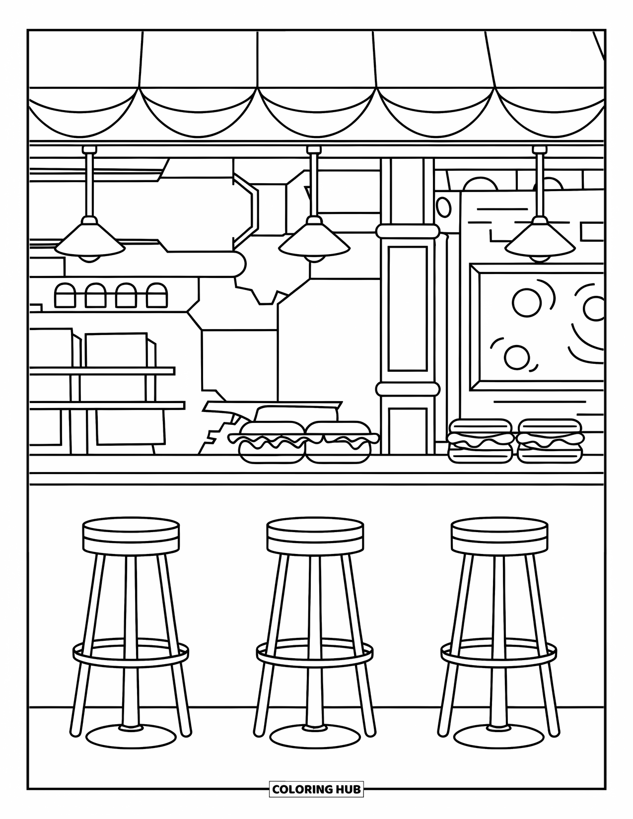 Restaurant Coloring Page for Kids: Three stools and sandwiches sit under hanging lights in a cozy sandwich shop