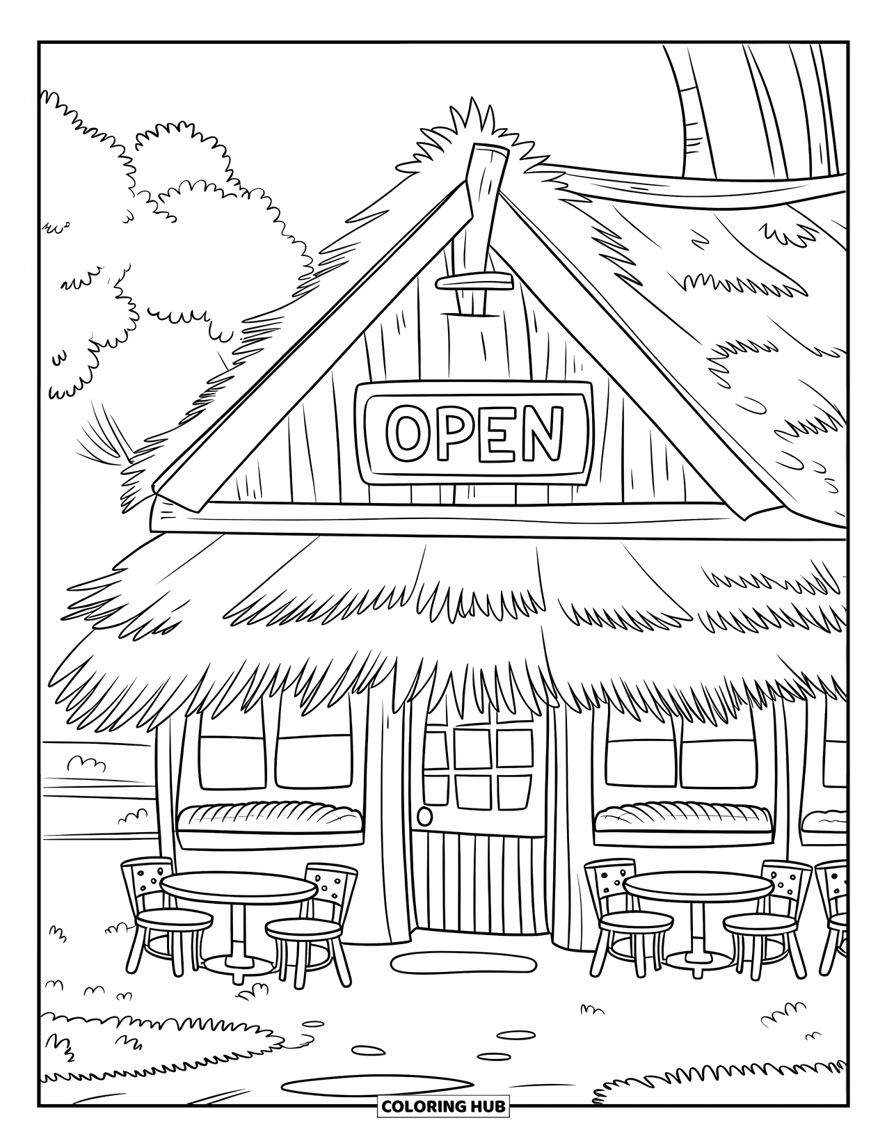 Restaurant Coloring Page for Kids: Wooden restaurant with ìOpenî sign has tables and chairs outside among trees