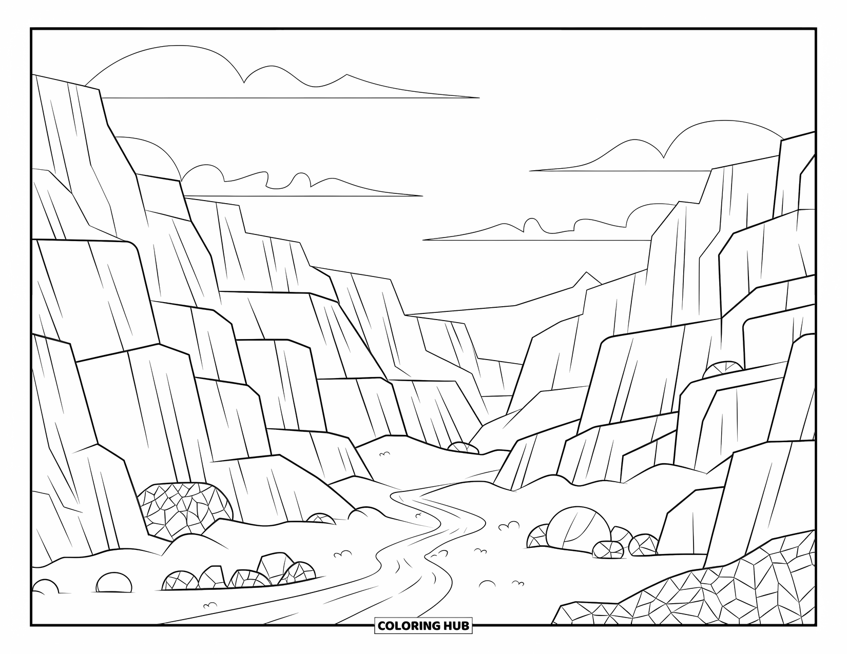 Rock Coloring Page for Adults: Canyon cliffs with a winding path, small trees, and detailed rock patterns