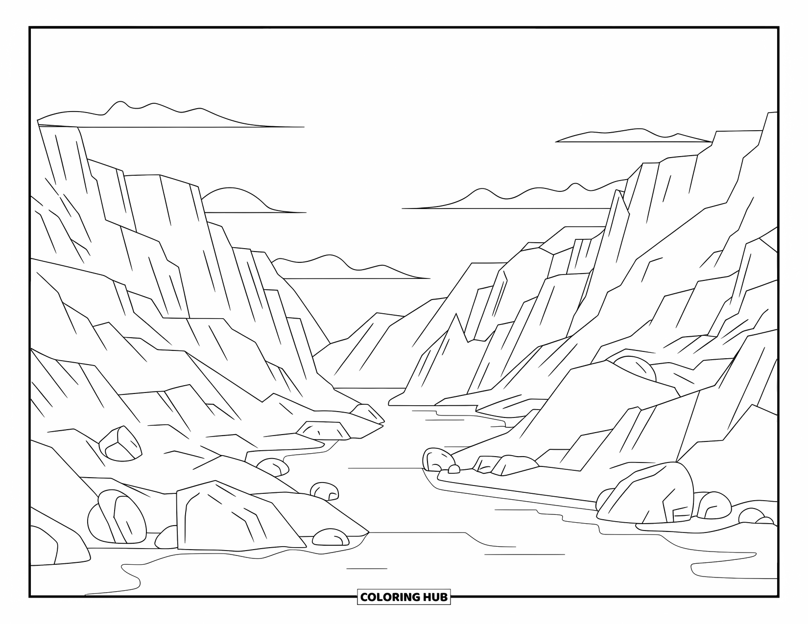 Rock Coloring Page for Adults: Canyon cliffs with boulders and a calm river flowing below
