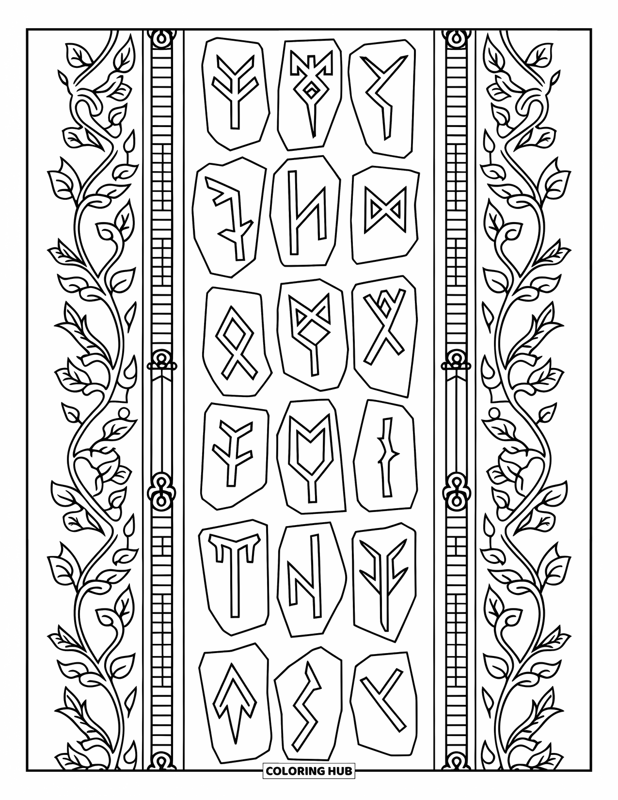Rock Coloring Page for Adults: Carved rune stone wall with detailed symbols and vine-like floral borders