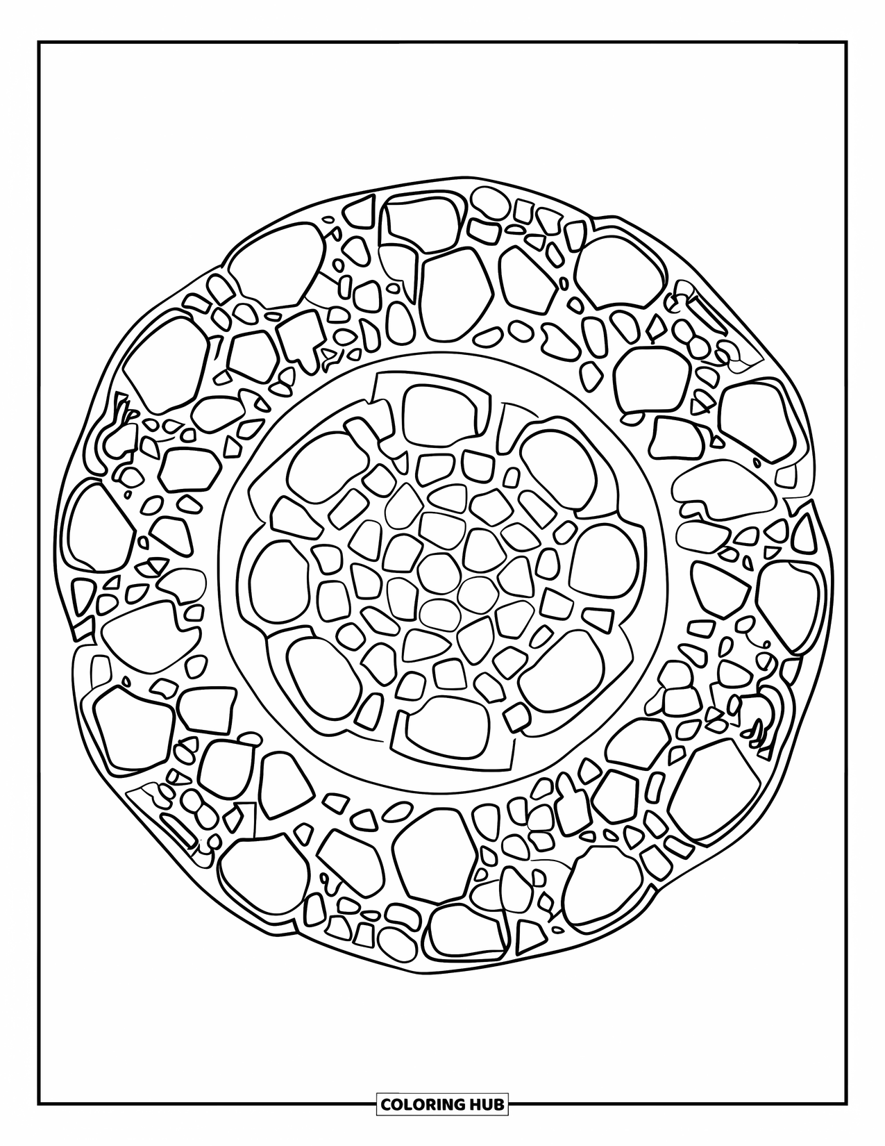 Rock Coloring Page for Adults: Circular mandala with concentric rock patterns of varying shapes