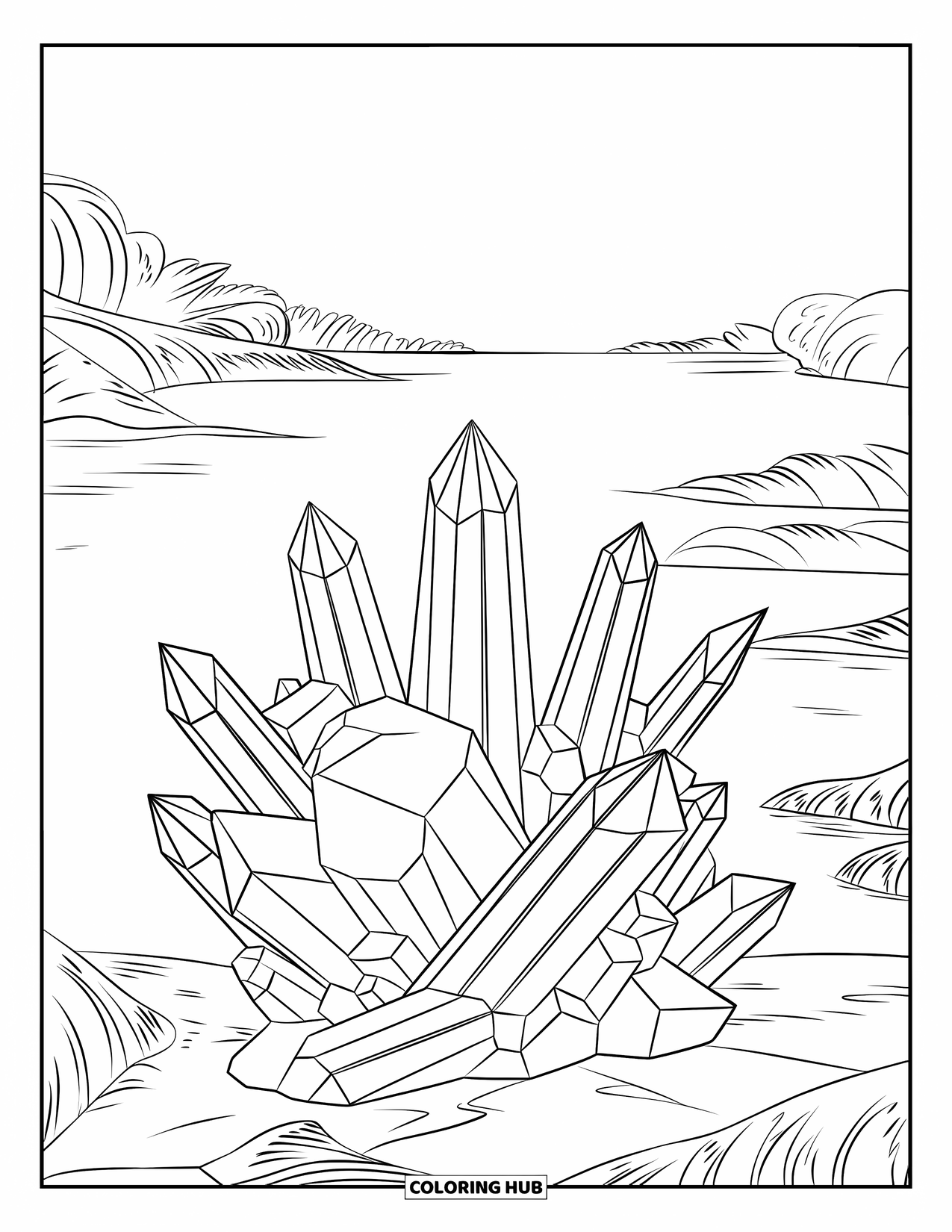 Rock Coloring Page for Adults: Crystal-like rocks with a radiating pattern beside a calm lake and greenery