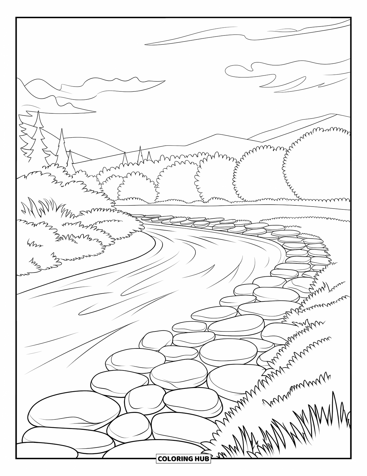 Rock Coloring Page for Adults: Curved riverbank with flat stones, greenery, mountains, and soft clouds