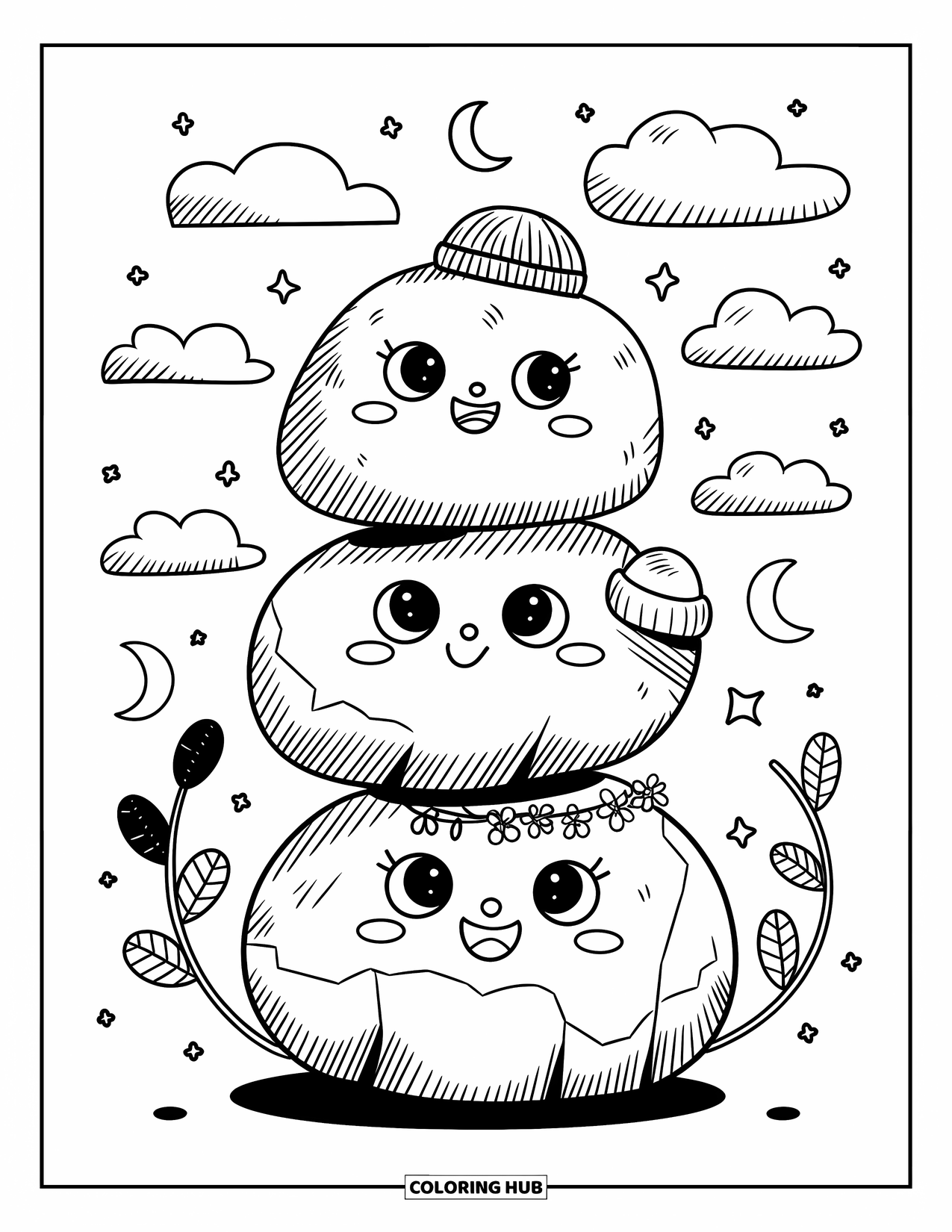 Rock Coloring Page for Adults: Cute rock trio balancing under a night sky surrounded by clouds and moons