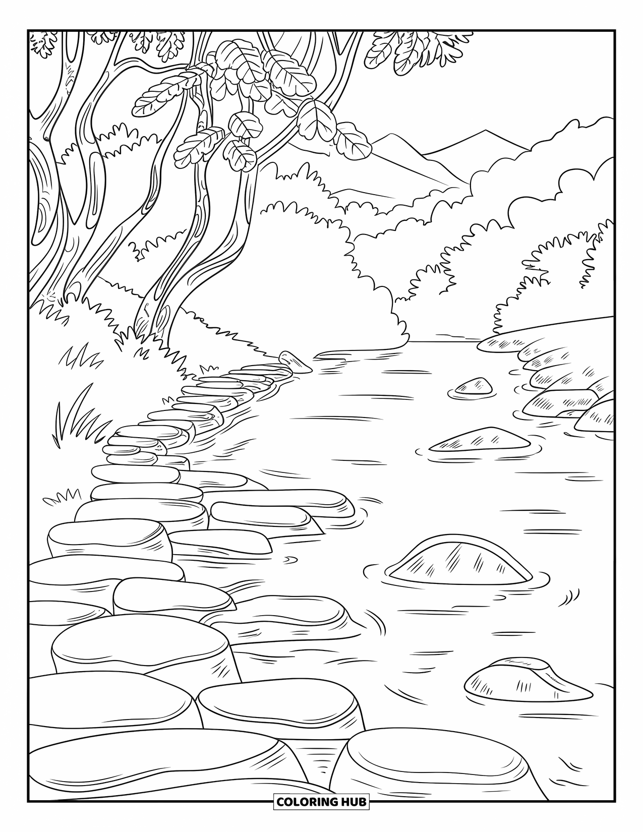 Rock Coloring Page for Adults: Layered flat stones by a misty riverbank with twisted trees and mountains