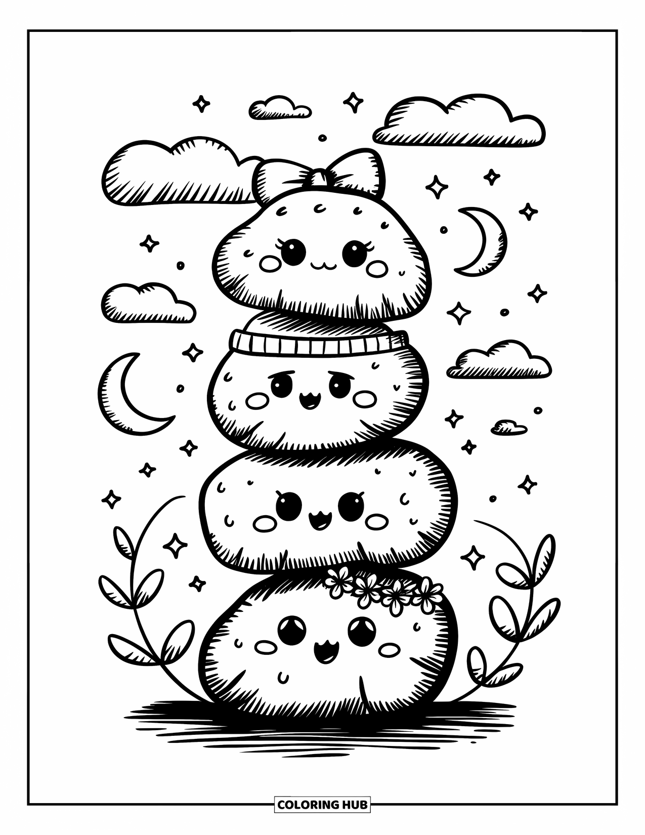 Rock Coloring Page for Adults: Playful stacked rocks under a night sky with bows, beanies, crowns, and vines