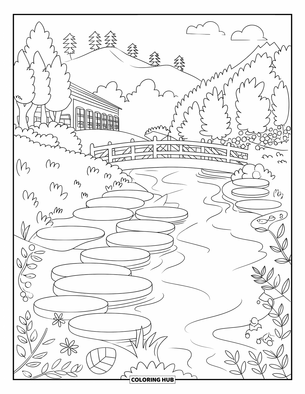 Rock Coloring Page for Adults: Riverside with flat stones, wooden bridge, nearby trees, flowers, and a mountain backdrop