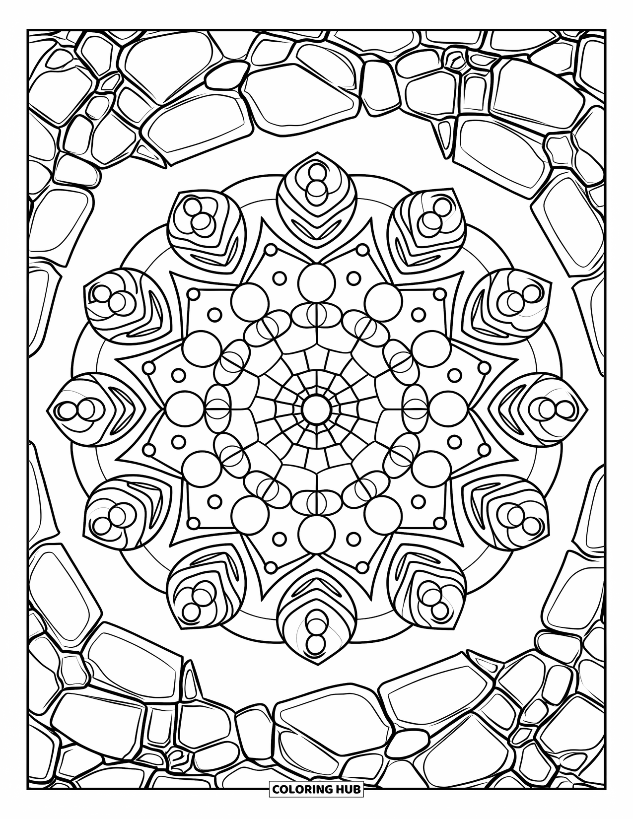 Rock Coloring Page for Adults: Rock mandala with spirals, circles, and detailed artistic elements