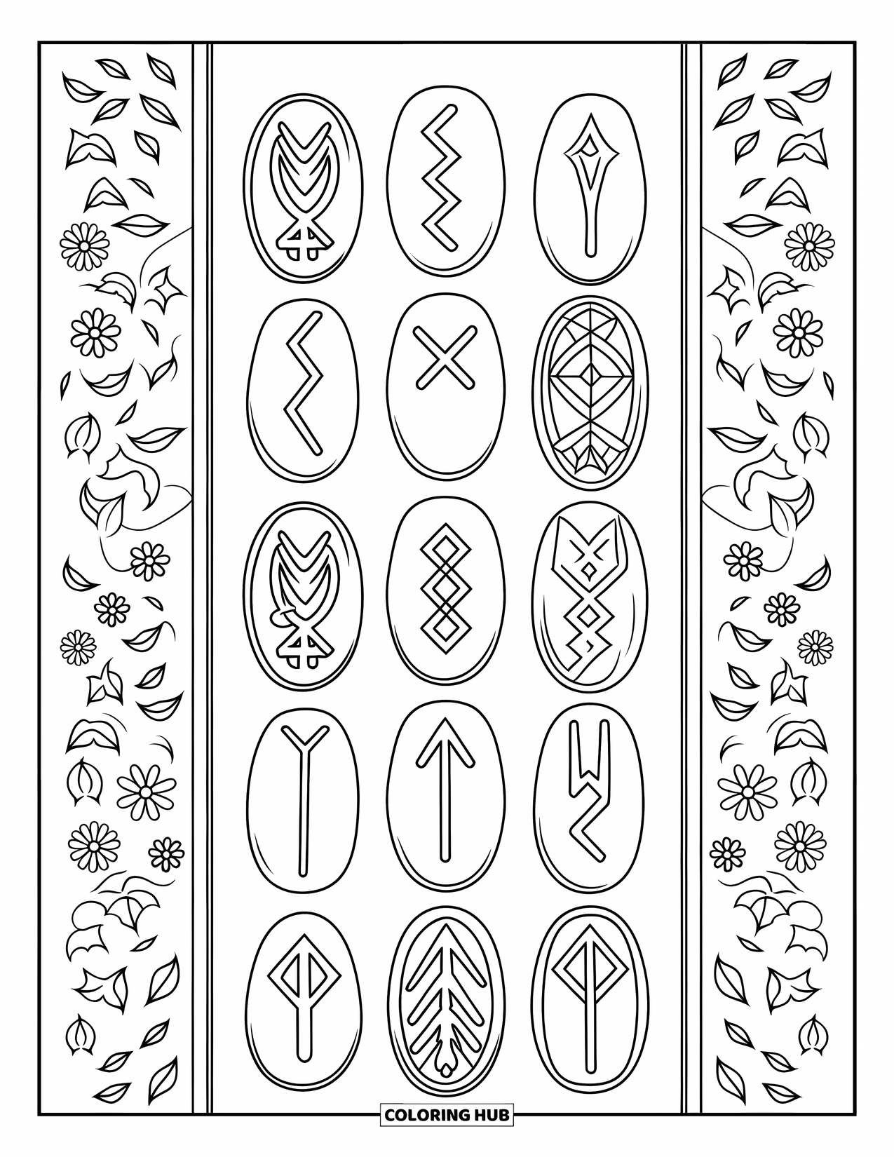Rock Coloring Page for Adults: Rune stone wall with intricate carvings, symbols, and flowered borders