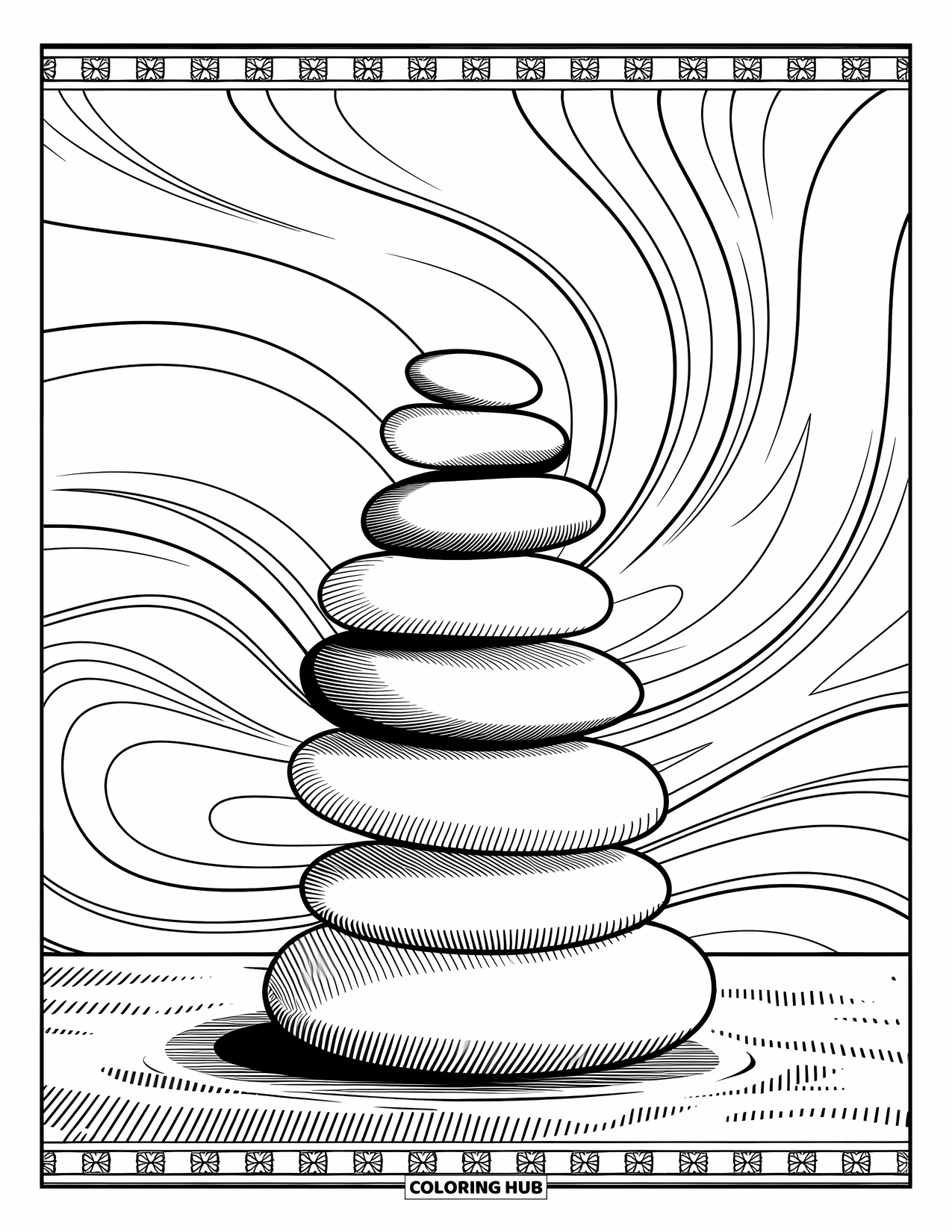 Rock Coloring Page for Adults: Stack of ten smooth stones with swirling abstract lines and a decorative border