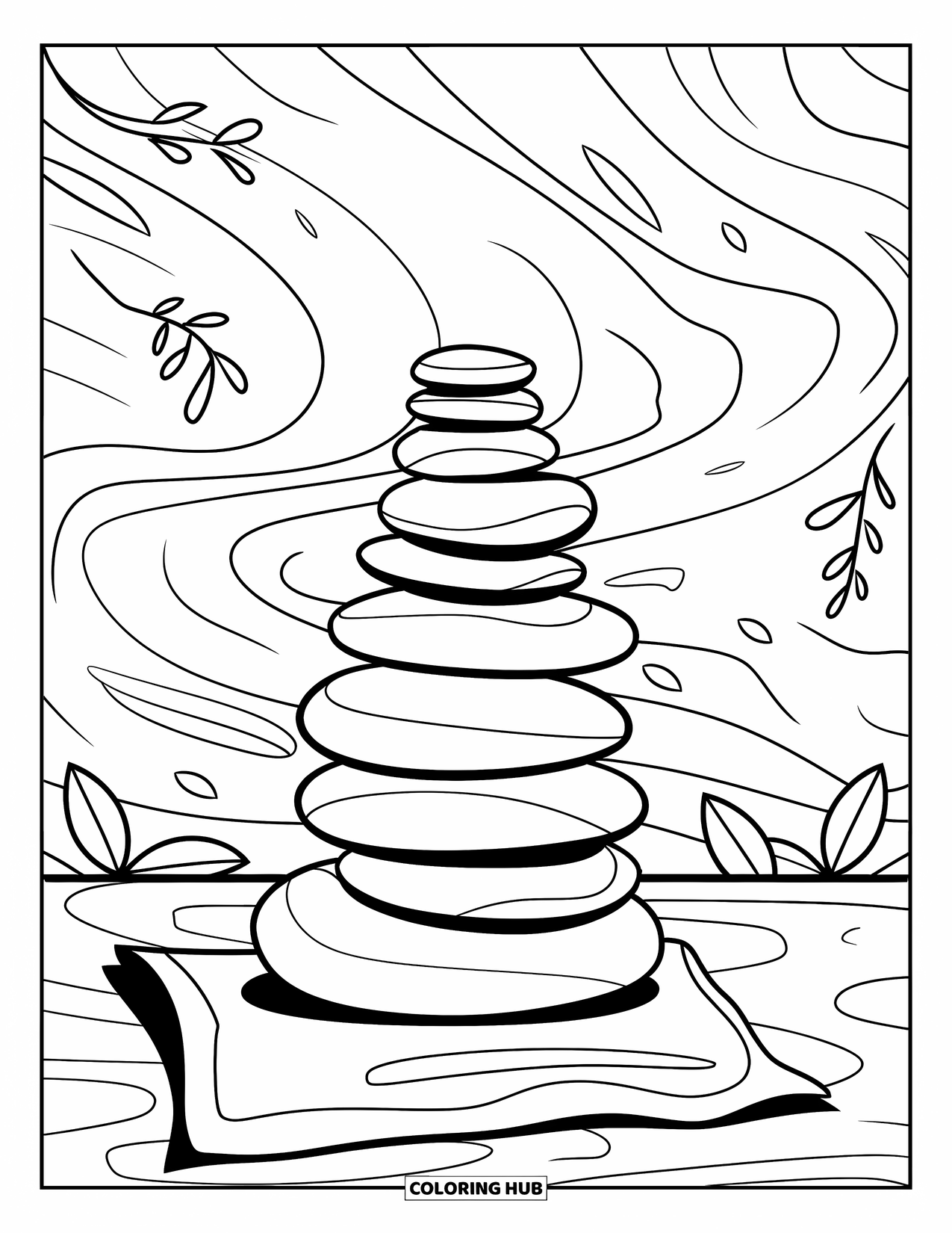 Rock Coloring Page for Adults: Stacked stones on cloth with abstract swirls and leaf accents