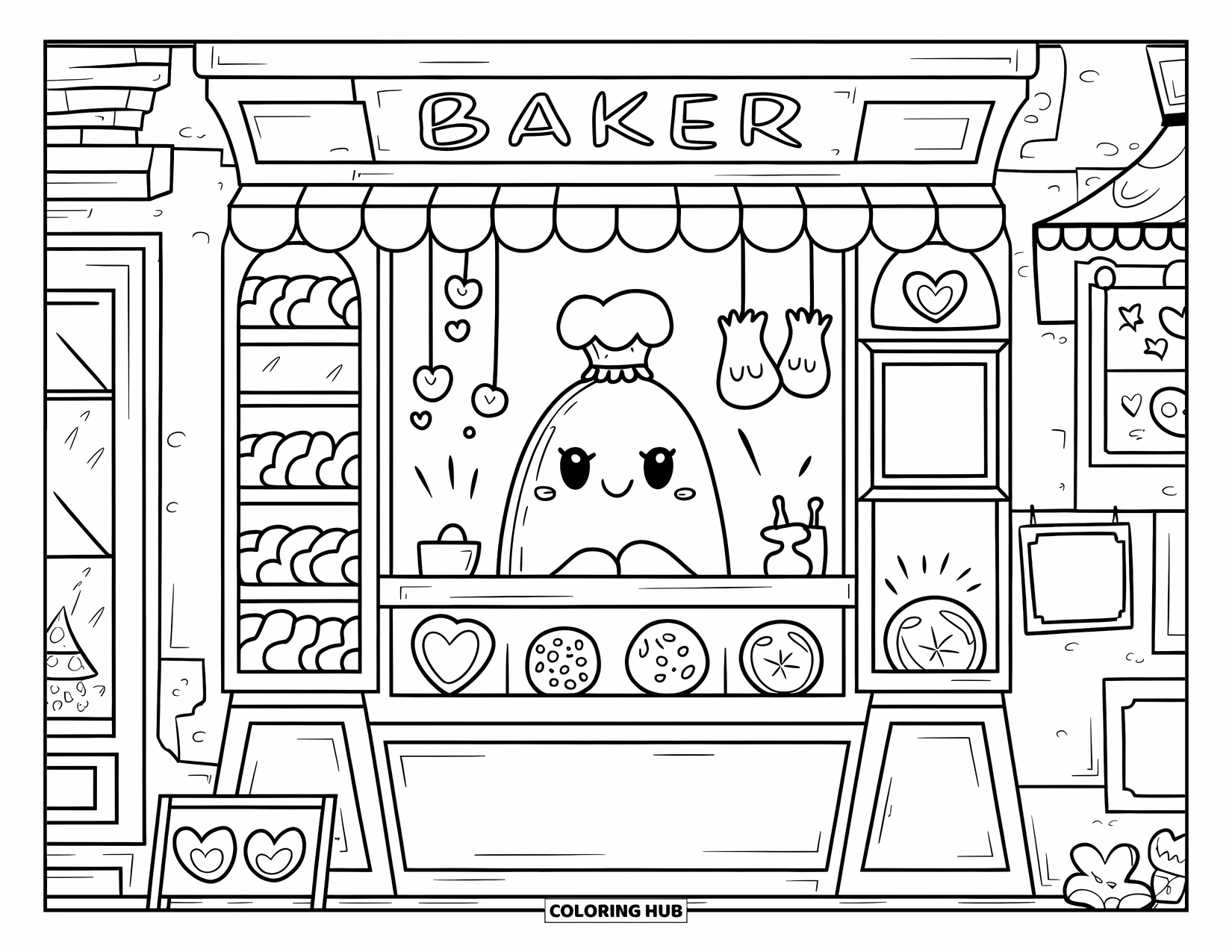Rock Coloring Page for Adults: Stone bakery with smiling rock baker, cookies, and uplifting signs