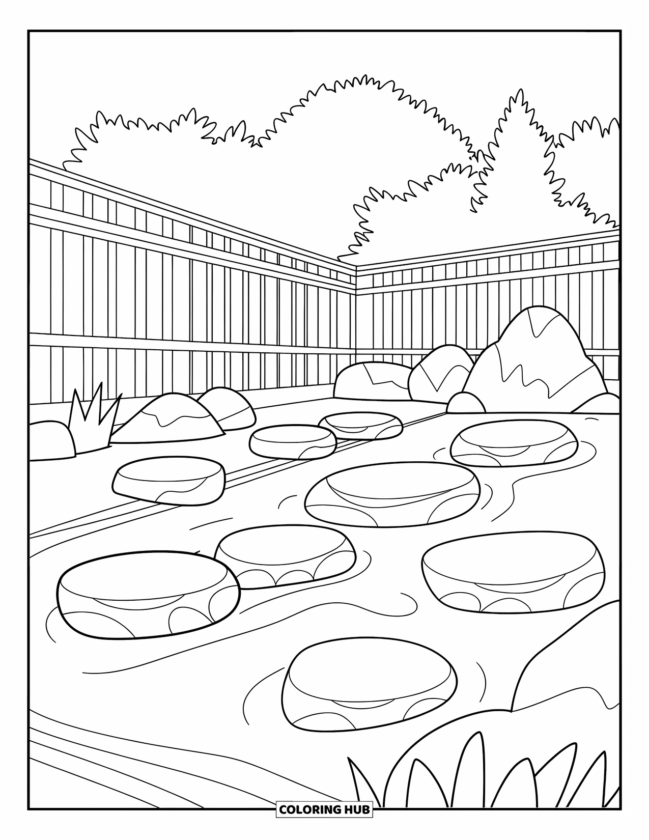 Rock Coloring Page for Adults: Stylized zen garden with stone placements and a wooden fence