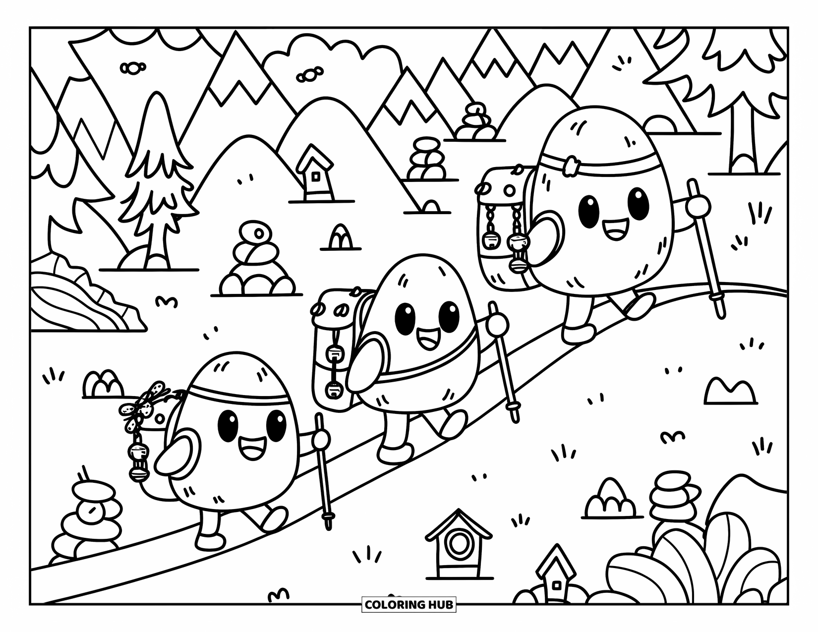 Rock Coloring Page for Adults: Three cheerful rock friends on a mountain hike with walking sticks and backpacks