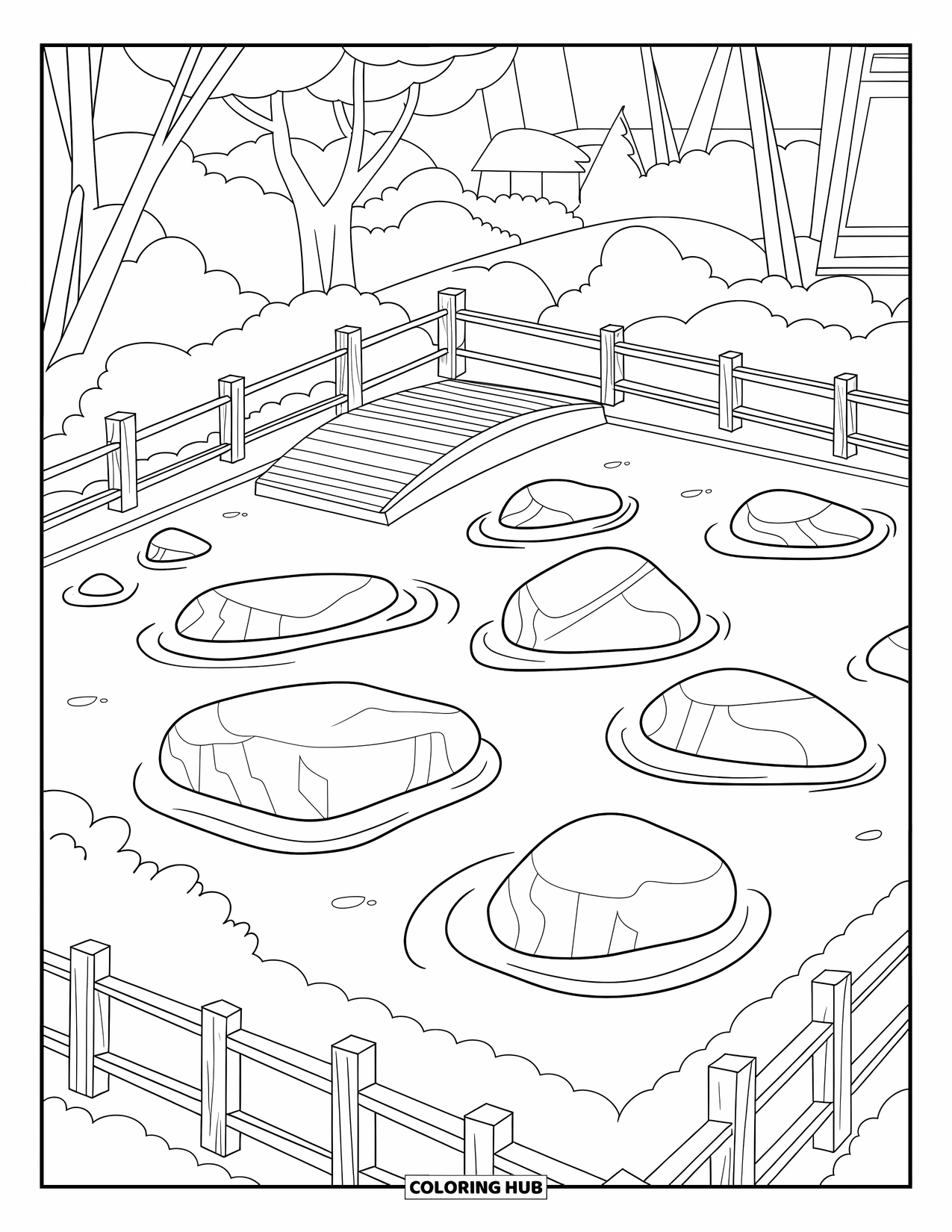 Rock Coloring Page for Adults: Zen garden with raked sand lines, stones, and a wooden bridge