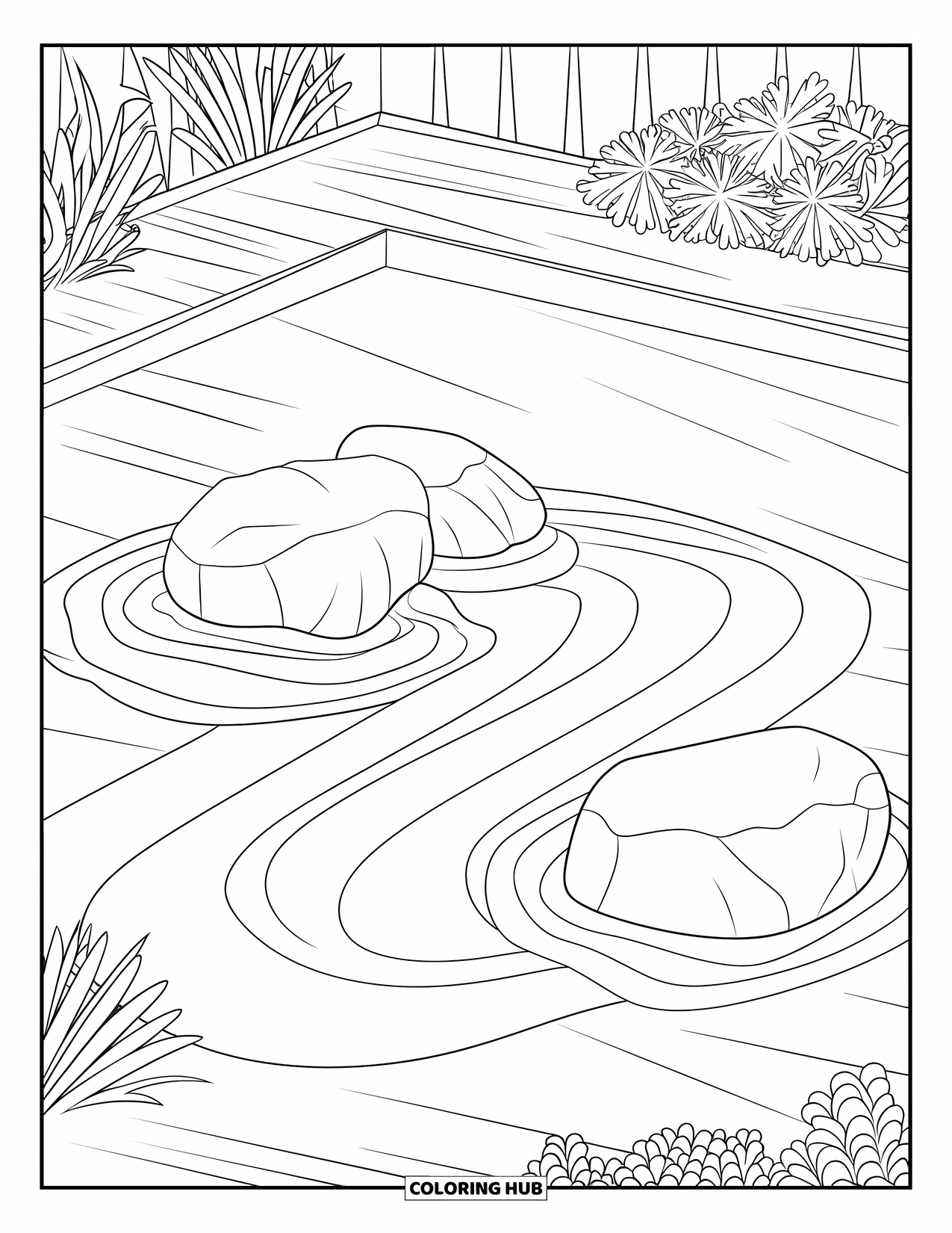 Rock Coloring Page for Adults: Zen garden with sand patterns, rocks, and a wooden deck