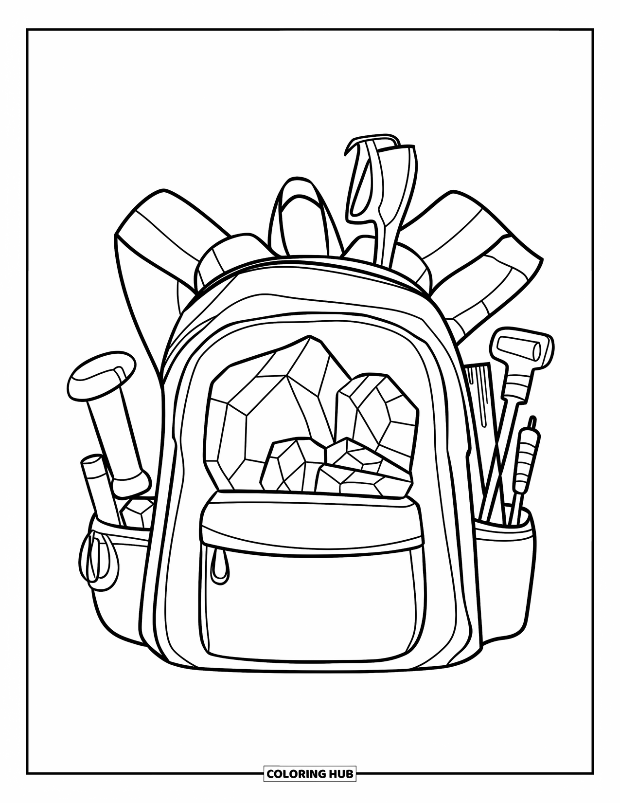 Rock Coloring Page for Kids: Backpack filled with rock samples and geology tools rests on the ground