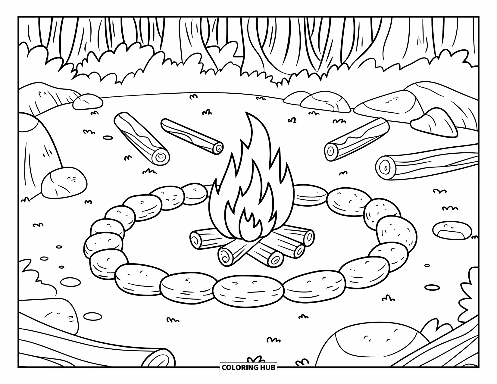 Rock Coloring Page for Kids: Campfire glows in a forest clearing with logs, rocks, and nearby sticks