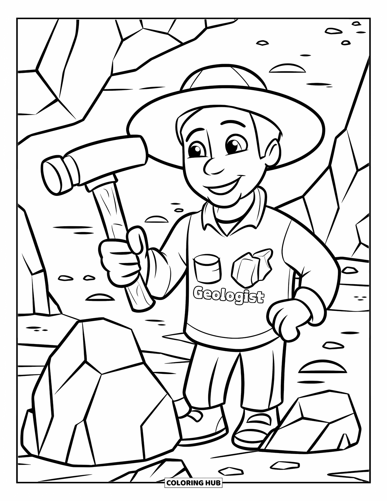 Rock Coloring Page for Kids: Cartoon geologist with rock hammer standing by large rocks in rugged terrain