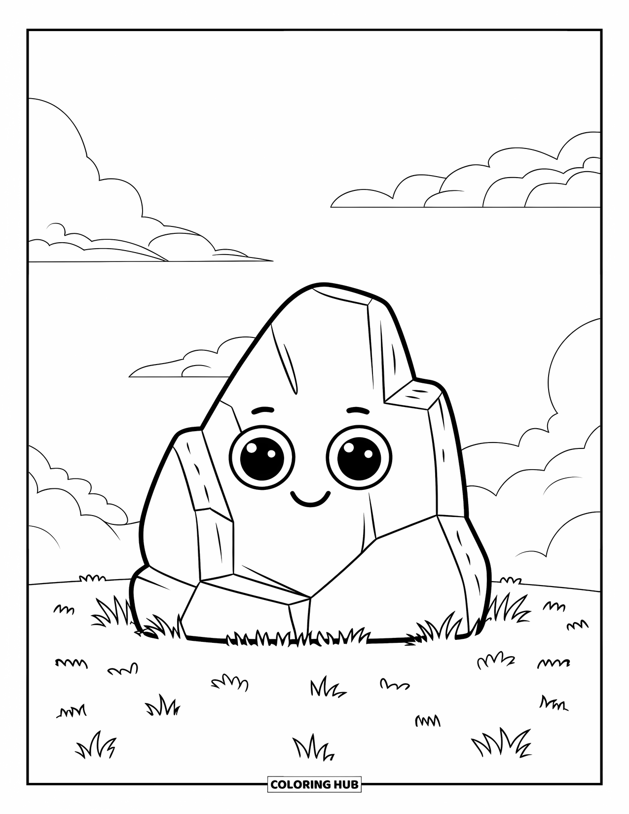 Rock Coloring Page for Kids: Cartoon rock with soft eyes and a kind smile sits peacefully