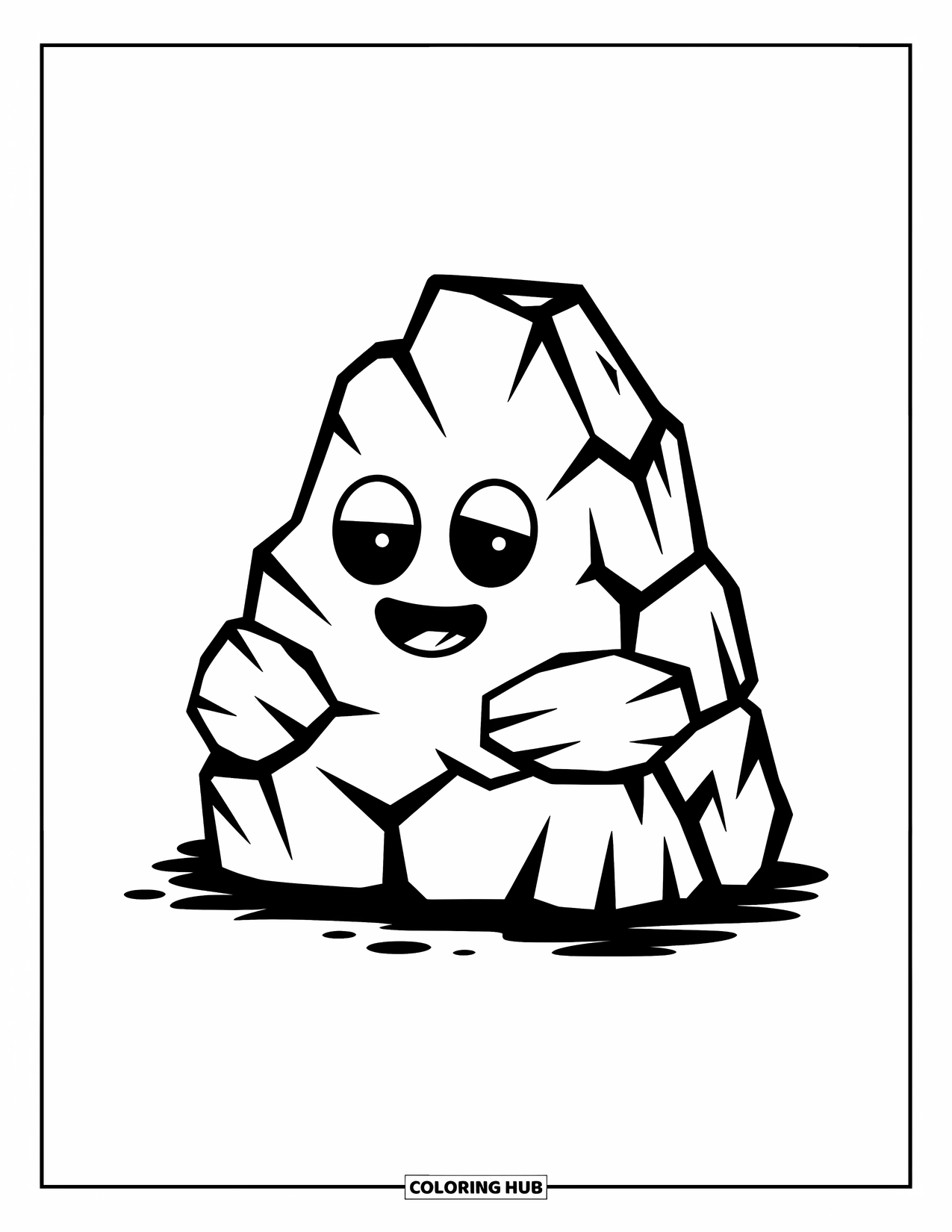 Rock Coloring Page for Kids: Chunky rock with a friendly face and little arms sits relaxed